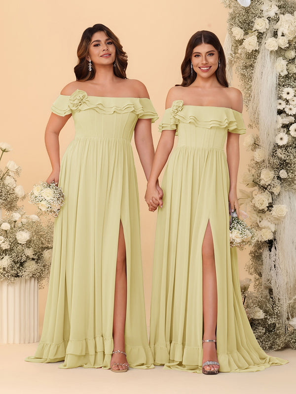 Chiffon A-Line/Princess Off-the-Shoulder Short Sleeves Ruched Bridesmaid Dresses