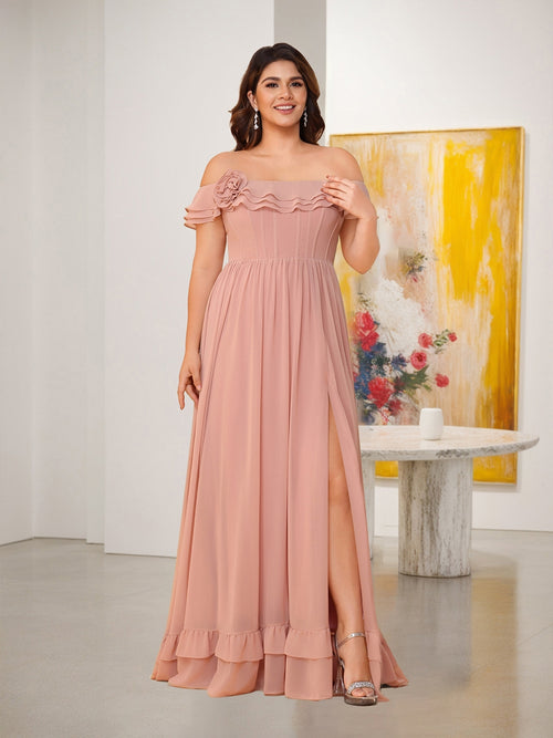 Chiffon A-Line/Princess Off-the-Shoulder Short Sleeves Plus Size Bridesmaid Dresses with Side Slit