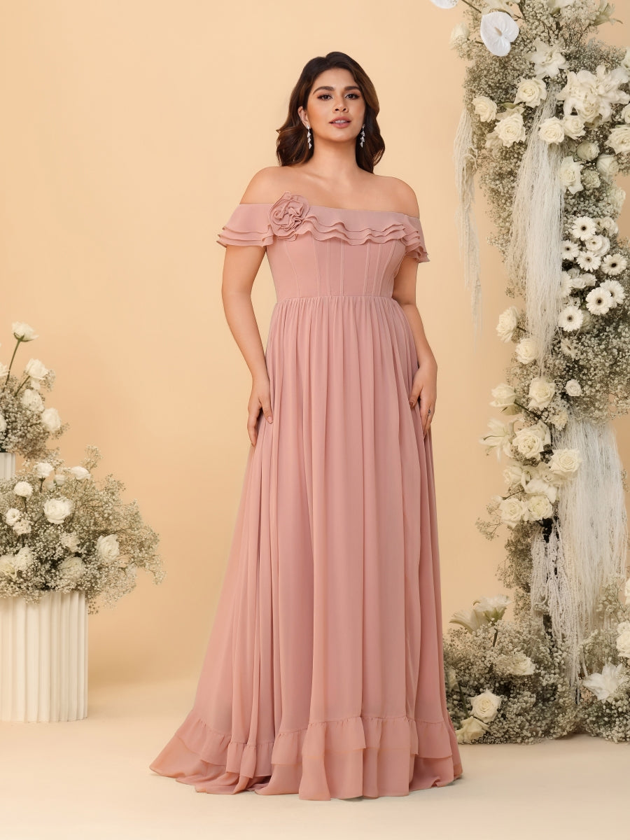 Chiffon A-Line/Princess Off-the-Shoulder Short Sleeves Plus Size Bridesmaid Dresses with Side Slit