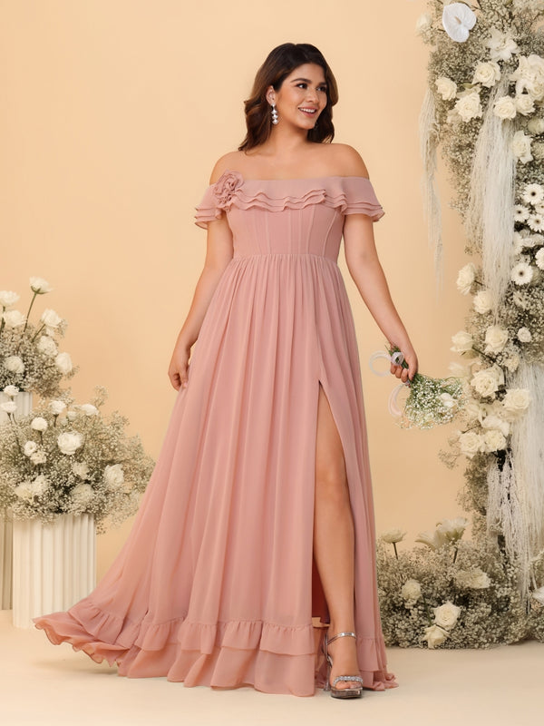 Chiffon A-Line/Princess Off-the-Shoulder Short Sleeves Plus Size Bridesmaid Dresses with Side Slit