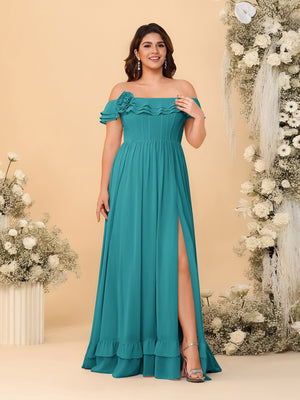 Chiffon A-Line/Princess Off-the-Shoulder Short Sleeves Plus Size Bridesmaid Dresses with Side Slit
