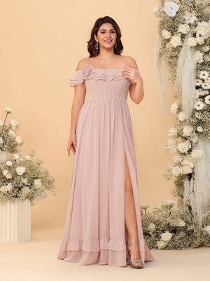 Chiffon A-Line/Princess Off-the-Shoulder Short Sleeves Plus Size Bridesmaid Dresses with Side Slit