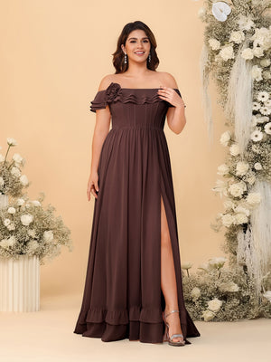 Chiffon A-Line/Princess Off-the-Shoulder Short Sleeves Plus Size Bridesmaid Dresses with Side Slit
