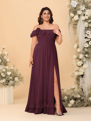 Chiffon A-Line/Princess Off-the-Shoulder Short Sleeves Plus Size Bridesmaid Dresses with Side Slit