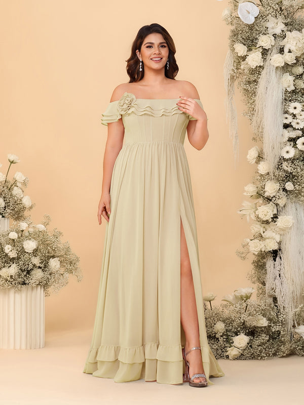Chiffon A-Line/Princess Off-the-Shoulder Short Sleeves Plus Size Bridesmaid Dresses with Side Slit