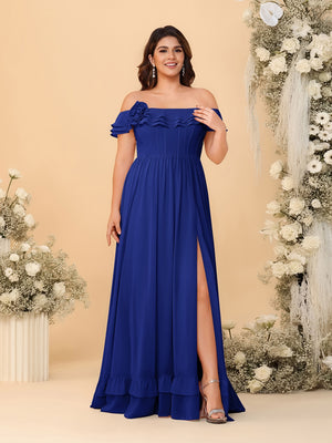 Chiffon A-Line/Princess Off-the-Shoulder Short Sleeves Plus Size Bridesmaid Dresses with Side Slit