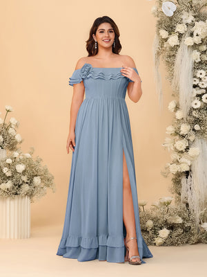 Chiffon A-Line/Princess Off-the-Shoulder Short Sleeves Plus Size Bridesmaid Dresses with Side Slit