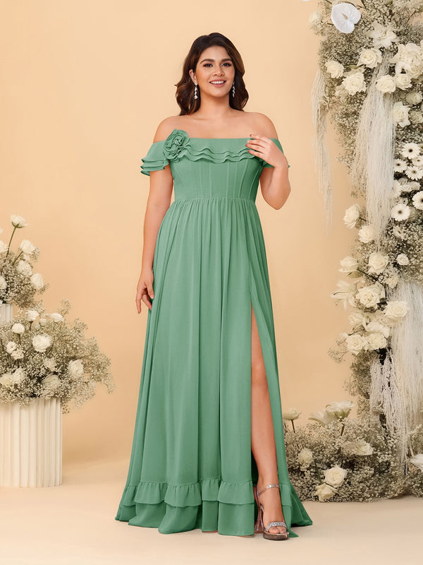 Chiffon A-Line/Princess Off-the-Shoulder Short Sleeves Plus Size Bridesmaid Dresses with Side Slit
