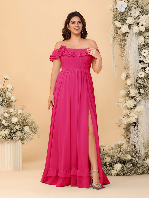 Chiffon A-Line/Princess Off-the-Shoulder Short Sleeves Plus Size Bridesmaid Dresses with Side Slit