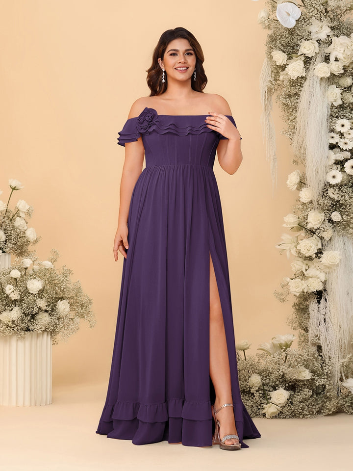 Chiffon A-Line/Princess Off-the-Shoulder Short Sleeves Plus Size Bridesmaid Dresses with Side Slit