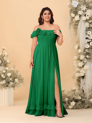Chiffon A-Line/Princess Off-the-Shoulder Short Sleeves Plus Size Bridesmaid Dresses with Side Slit