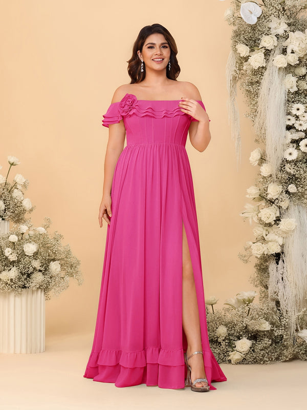 Chiffon A-Line/Princess Off-the-Shoulder Short Sleeves Plus Size Bridesmaid Dresses with Side Slit