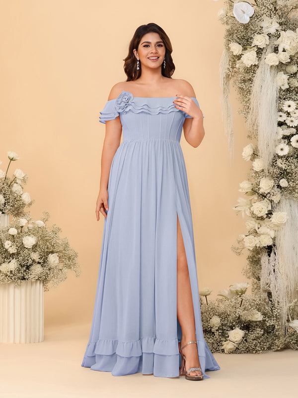 Chiffon A-Line/Princess Off-the-Shoulder Short Sleeves Plus Size Bridesmaid Dresses with Side Slit