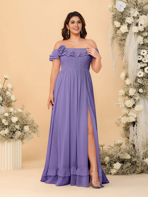 Chiffon A-Line/Princess Off-the-Shoulder Short Sleeves Plus Size Bridesmaid Dresses with Side Slit