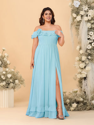 Chiffon A-Line/Princess Off-the-Shoulder Short Sleeves Plus Size Bridesmaid Dresses with Side Slit