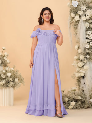 Chiffon A-Line/Princess Off-the-Shoulder Short Sleeves Plus Size Bridesmaid Dresses with Side Slit