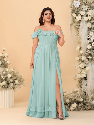 Chiffon A-Line/Princess Off-the-Shoulder Short Sleeves Plus Size Bridesmaid Dresses with Side Slit