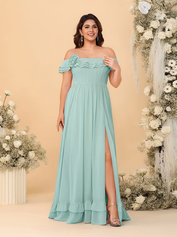 Chiffon A-Line/Princess Off-the-Shoulder Short Sleeves Plus Size Bridesmaid Dresses with Side Slit