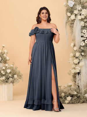 Chiffon A-Line/Princess Off-the-Shoulder Short Sleeves Plus Size Bridesmaid Dresses with Side Slit