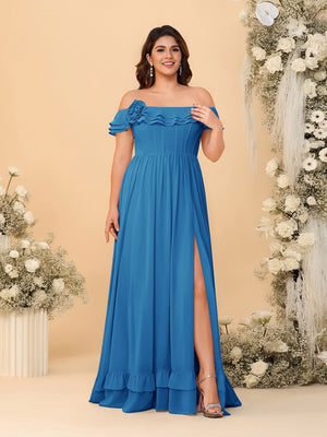 Chiffon A-Line/Princess Off-the-Shoulder Short Sleeves Plus Size Bridesmaid Dresses with Side Slit