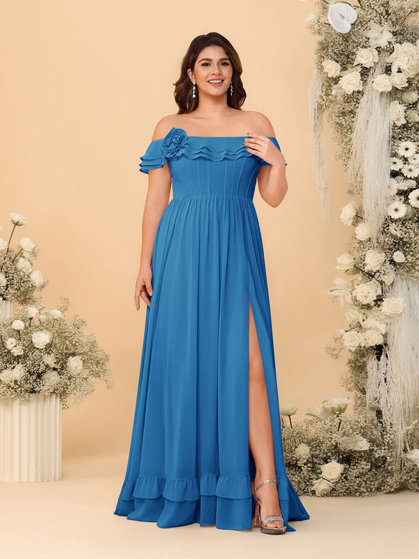 Chiffon A-Line/Princess Off-the-Shoulder Short Sleeves Plus Size Bridesmaid Dresses with Side Slit