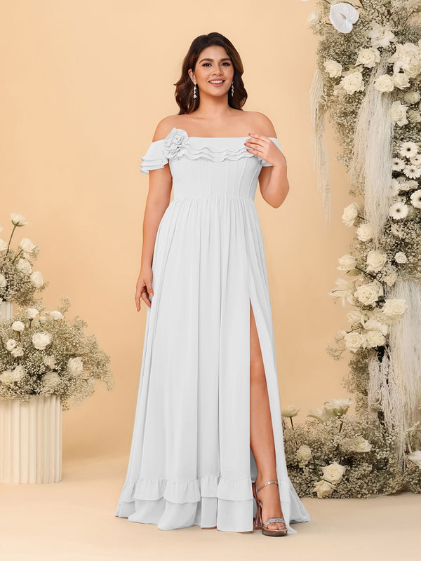 Chiffon A-Line/Princess Off-the-Shoulder Short Sleeves Plus Size Bridesmaid Dresses with Side Slit
