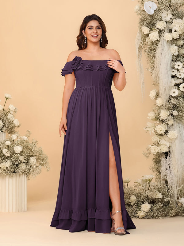 Chiffon A-Line/Princess Off-the-Shoulder Short Sleeves Plus Size Bridesmaid Dresses with Side Slit