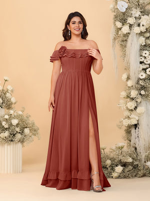 Chiffon A-Line/Princess Off-the-Shoulder Short Sleeves Plus Size Bridesmaid Dresses with Side Slit