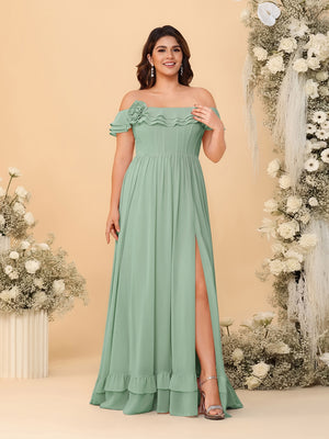 Chiffon A-Line/Princess Off-the-Shoulder Short Sleeves Plus Size Bridesmaid Dresses with Side Slit