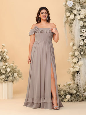 Chiffon A-Line/Princess Off-the-Shoulder Short Sleeves Plus Size Bridesmaid Dresses with Side Slit