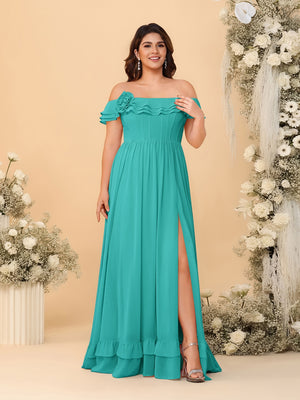 Chiffon A-Line/Princess Off-the-Shoulder Short Sleeves Plus Size Bridesmaid Dresses with Side Slit
