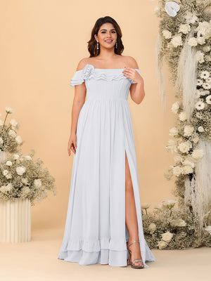 Chiffon A-Line/Princess Off-the-Shoulder Short Sleeves Plus Size Bridesmaid Dresses with Side Slit
