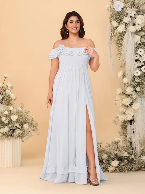 Chiffon A-Line/Princess Off-the-Shoulder Short Sleeves Plus Size Bridesmaid Dresses with Side Slit