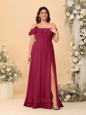 Chiffon A-Line/Princess Off-the-Shoulder Short Sleeves Plus Size Bridesmaid Dresses with Side Slit