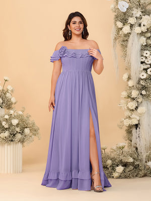 Chiffon A-Line/Princess Off-the-Shoulder Short Sleeves Plus Size Bridesmaid Dresses with Side Slit