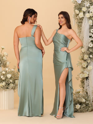 Sheath/Column One-Shoulder Sleeveless Split Side Bridesmaid Dresses with Ruffles
