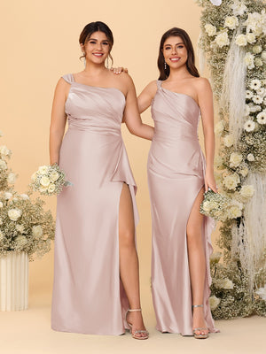 Sheath/Column One-Shoulder Sleeveless Split Side Bridesmaid Dresses with Ruffles