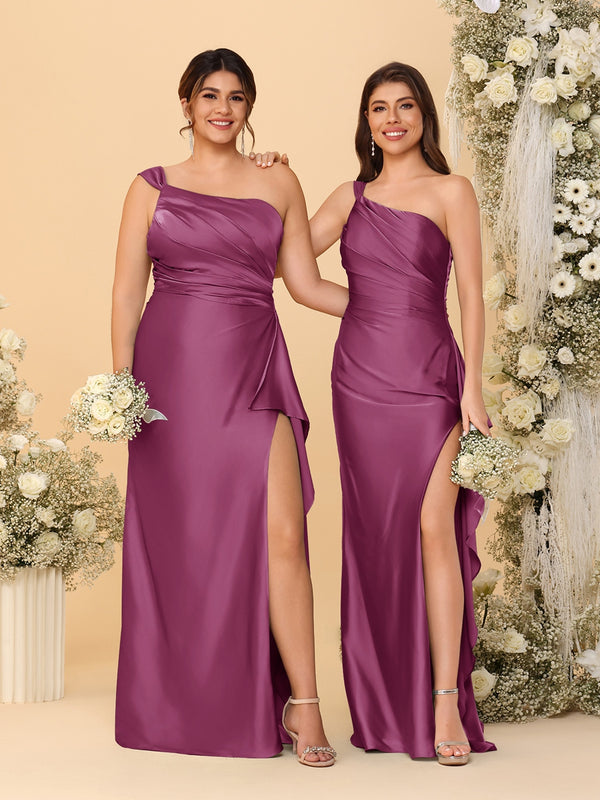 Sheath/Column One-Shoulder Sleeveless Split Side Bridesmaid Dresses with Ruffles