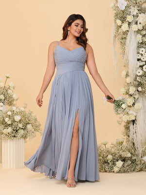 A-Line/Princess Spaghetti Straps Sleeveless Ruched Bridesmaid Dresses with Side Slit