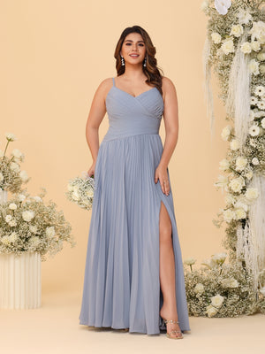 A-Line/Princess Spaghetti Straps Sleeveless Ruched Bridesmaid Dresses with Side Slit
