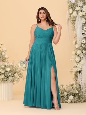 A-Line/Princess Spaghetti Straps Sleeveless Ruched Bridesmaid Dresses with Side Slit
