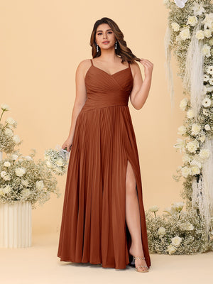 A-Line/Princess Spaghetti Straps Sleeveless Ruched Bridesmaid Dresses with Side Slit