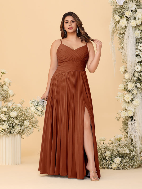 A-Line/Princess Spaghetti Straps Sleeveless Ruched Bridesmaid Dresses with Side Slit