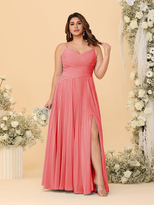 A-Line/Princess Spaghetti Straps Sleeveless Ruched Bridesmaid Dresses with Side Slit