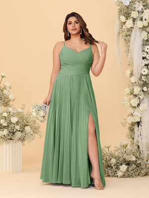 A-Line/Princess Spaghetti Straps Sleeveless Ruched Bridesmaid Dresses with Side Slit