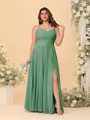 A-Line/Princess Spaghetti Straps Sleeveless Ruched Bridesmaid Dresses with Side Slit