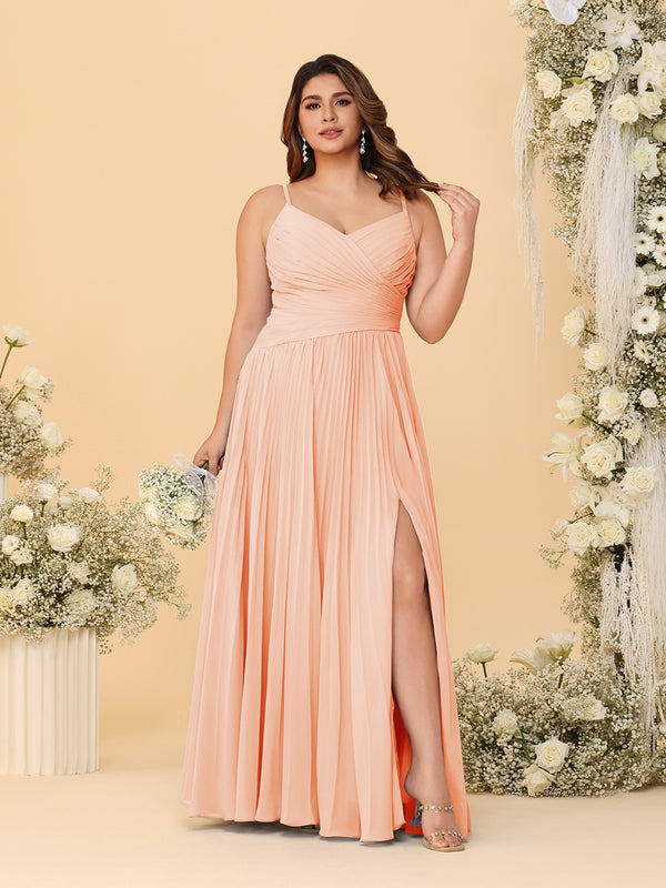 A-Line/Princess Spaghetti Straps Sleeveless Ruched Bridesmaid Dresses with Side Slit