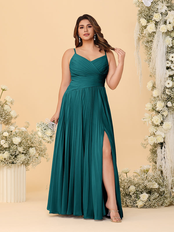 A-Line/Princess Spaghetti Straps Sleeveless Ruched Bridesmaid Dresses with Side Slit