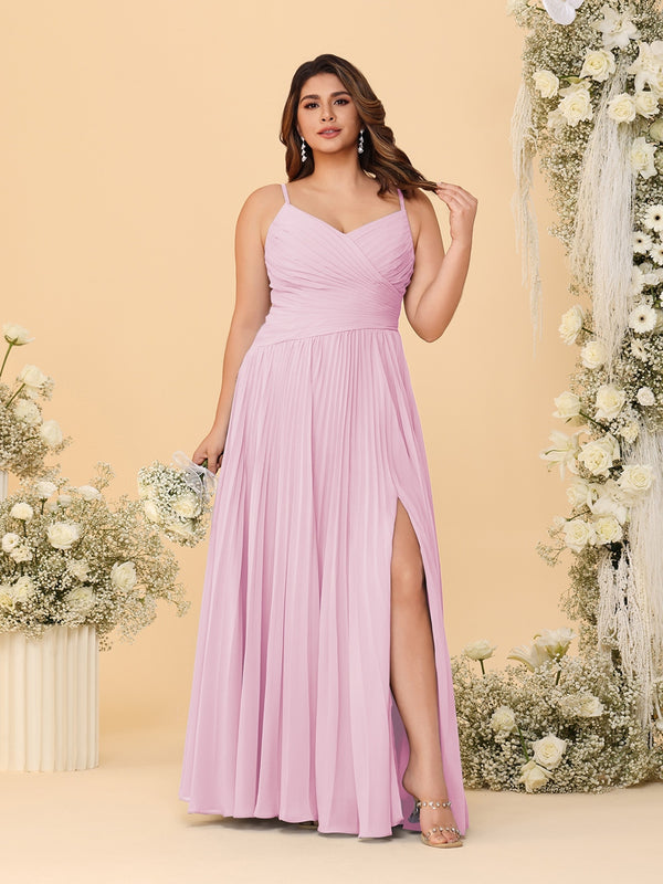 A-Line/Princess Spaghetti Straps Sleeveless Ruched Bridesmaid Dresses with Side Slit