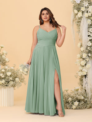 A-Line/Princess Spaghetti Straps Sleeveless Ruched Bridesmaid Dresses with Side Slit
